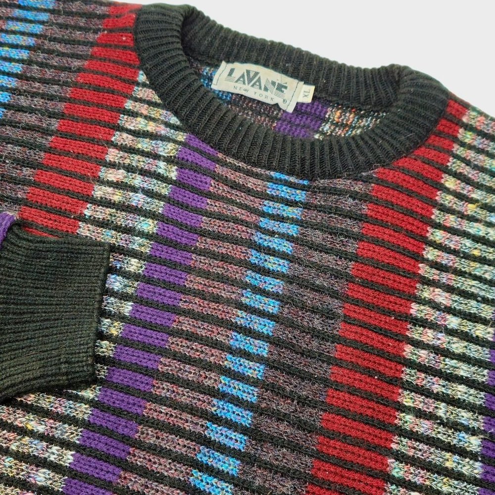 Lavane New York Sweater VTG Men XL Colorful Acrylic Crewneck 90s Vertical Stripe
